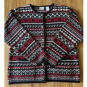 Hasting & Smith Vtg Red & White Patterned Chunky Cardigan Sweater Size S